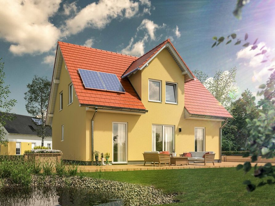 Das Flair 134 in Variante Trend mit gelber Fassade, rotem Satteldach, Photovoltaikanlage und herrlichem Gartenblick samt Terrasse bietet zeitgemäßes Wohnen in ansprechendem Design.