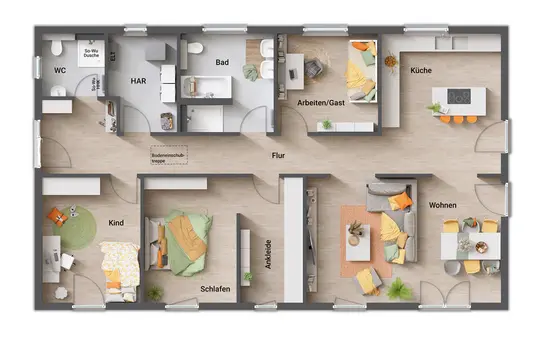 Grundrissvariante 3: Eingang an der kurzen Seite und offene Gestaltung In Grundrissvariante 3 liegen der Eingang an der kurzen Hausseite, eine großzügige Garderobe, ein offener Wohnbereich am Ende des Hauses sowie ein Schlafzimmer mit Ankleide und ein markanter Flur im 'Catwalk'-Stil.